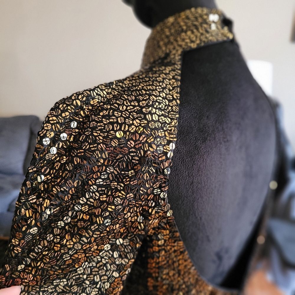 Vintage Sequin Long Sleeve Midi Dress - Gold - Size 8 - Picture 6 of 16